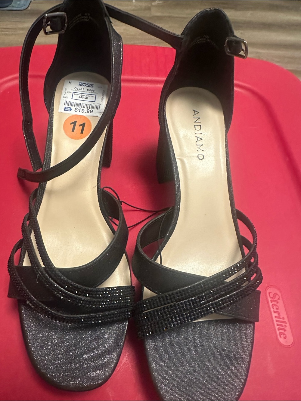 Andiamo Black Strappy Block Heels with Rhinestone Detail